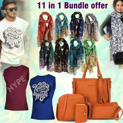 11 In 1 Bundle Offer, 8Pcs Ladies Soft Scarf Flower Design Assorted Color, Ladies Fashion 4pcs Hand Bag, 2Pcs Level Mens sleeveless T-shirt, 2L51